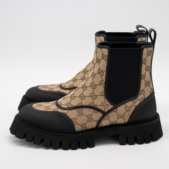 size 9G 9.5 US Gucci Boots Chelsea Beige Brown Black Canvas Ankle GG Monogram - Picture 4 of 11